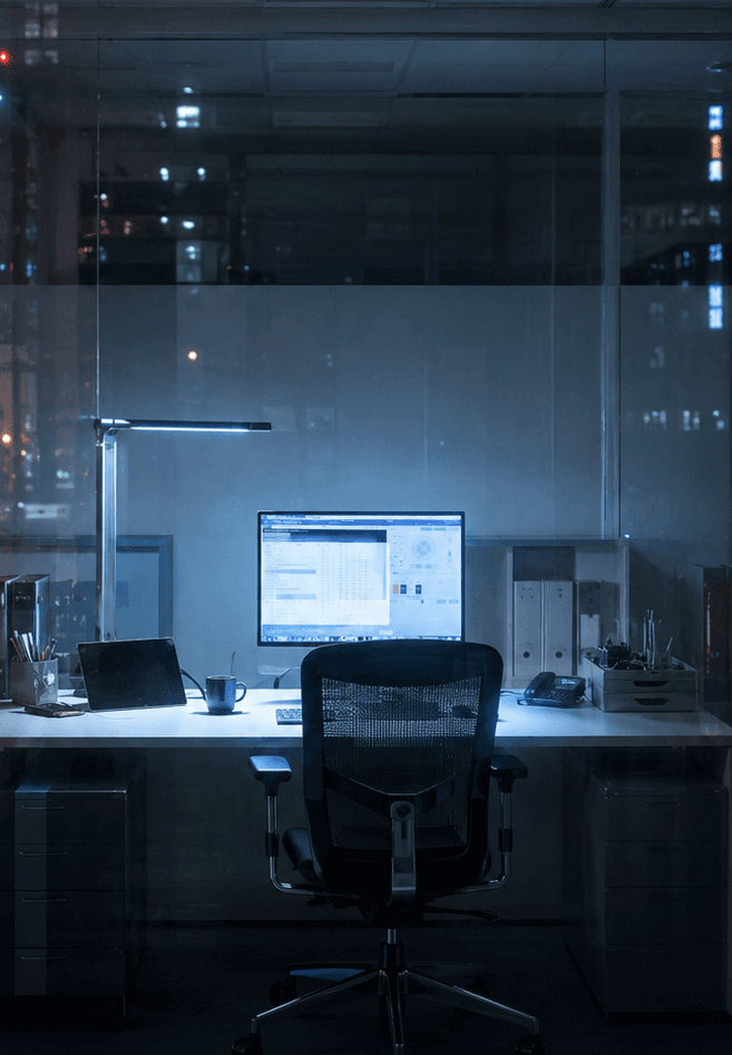 A solitary figure seen from behind, seated at a rain-streaked train window at night, city lights dissolving into bokeh outside