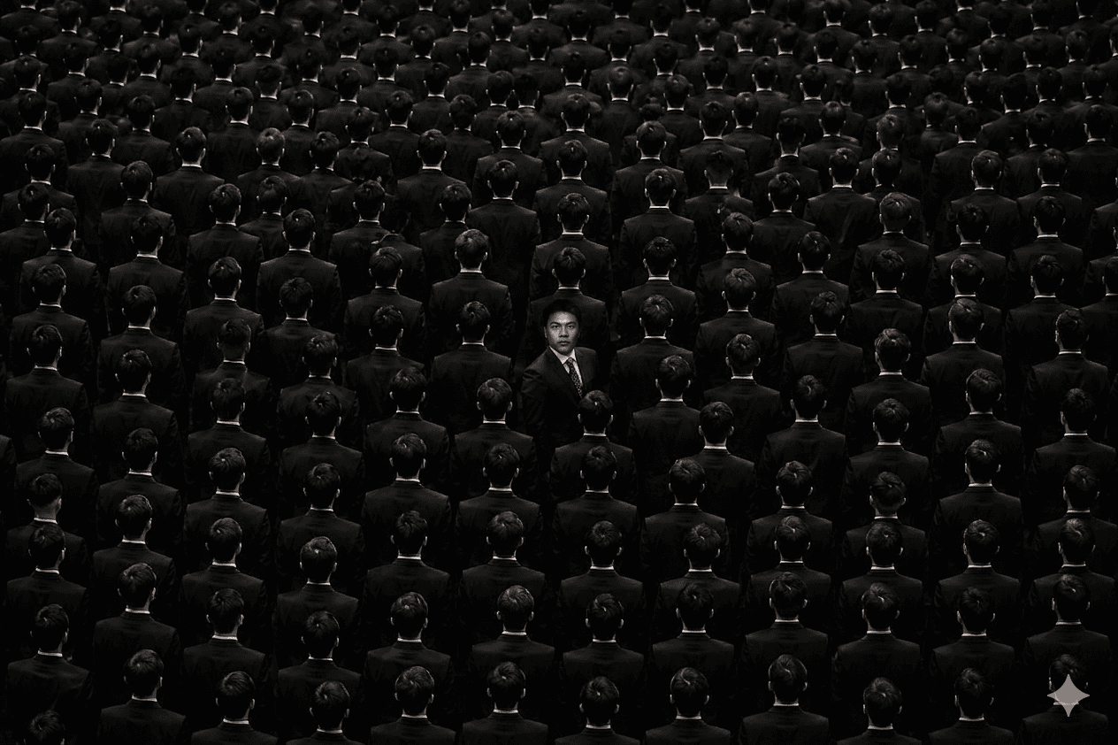 One person facing forward amid a crowd